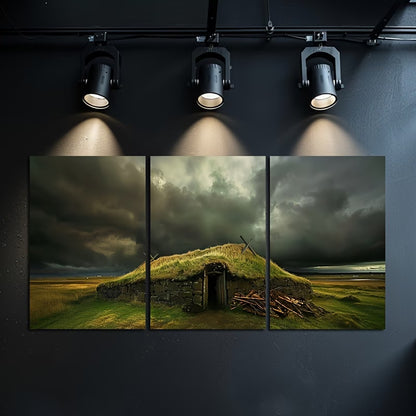 3pcs Icelandic Viking House Wall Art Set Canvas Framed 60x90cm - High Quality Print 100% Australian Made Wall Canvas Ready to Hang