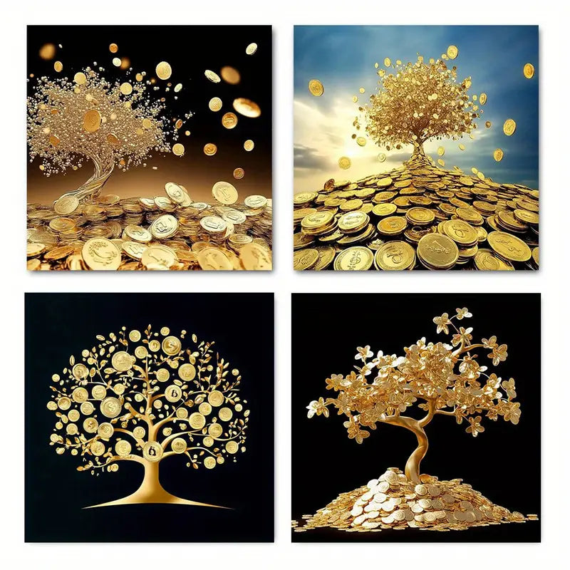 4pcs Luxury Golden Coin Tree Wall Art Canvas Framed