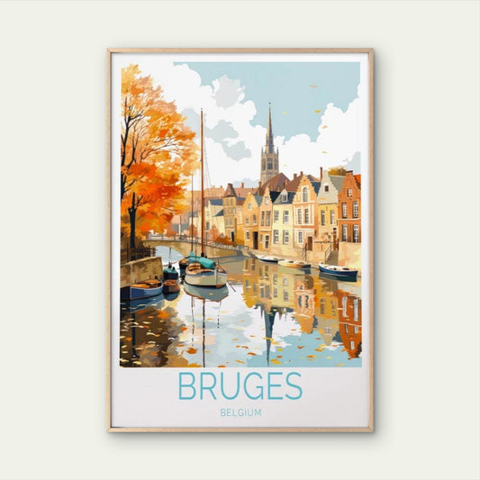 Bruges Belgium, Canal, Boats and Houses Travel Poster Print Wall Art