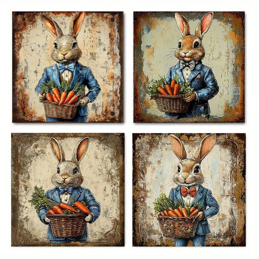 4pcs  Rabbit in Blue Suit & Carrot Basket UY    Wall Art Canvas Framed