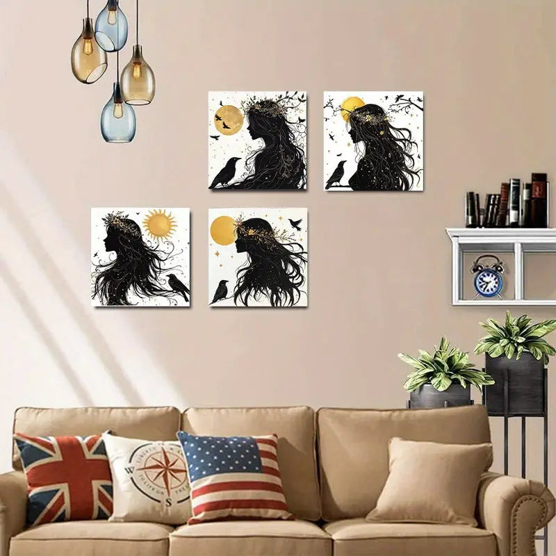 4pcs  Black Silhouette with Golden Sun & Birds     Wall Art Canvas Framed