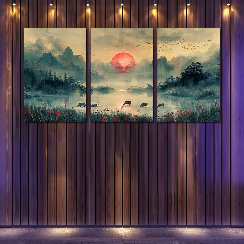 3pcs Pastoral Scene with Cows and Sheep Wall Art Set Canvas Framed 40x60cm - High Quality Print 100% Australian Made Wall Canvas Ready to Hang
