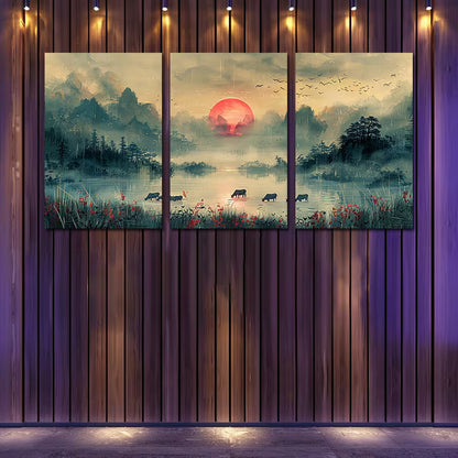 3pcs Pastoral Scene with Cows and Sheep Wall Art Set Canvas Framed 40x60cm - High Quality Print 100% Australian Made Wall Canvas Ready to Hang