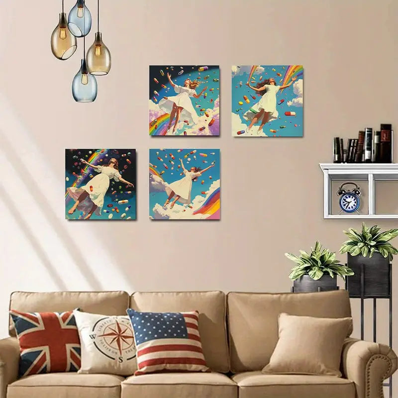 4pcs Abstract Happy Forever Wall Art Canvas Framed