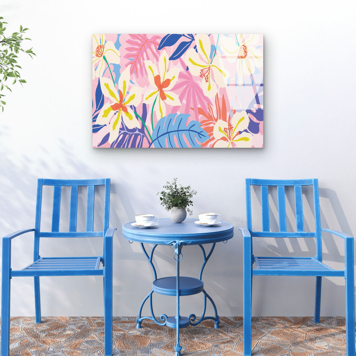 Bright Tropical Hibiscus Palm Leaf Acrylic Glass Printing Wall Art Australian Made Quality