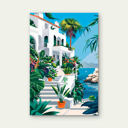 Mediterranean Village Landscape Digital Art Style 60x90cm Metal Print Ready to Hang