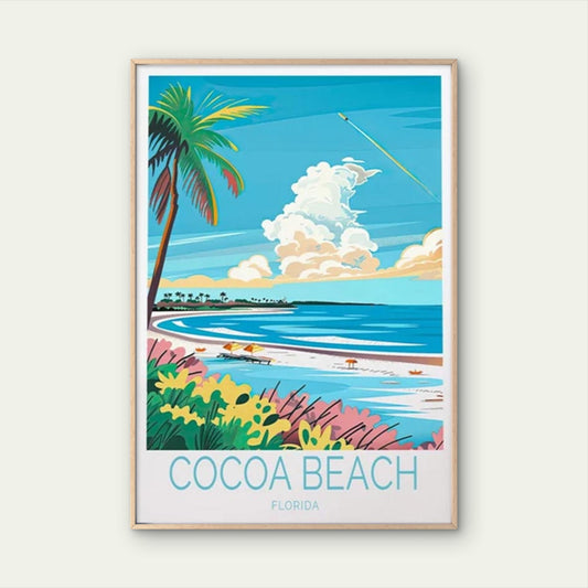 Cocoa Beach In Florida, Palm Tree Paint Travel Poster Print Wall Art