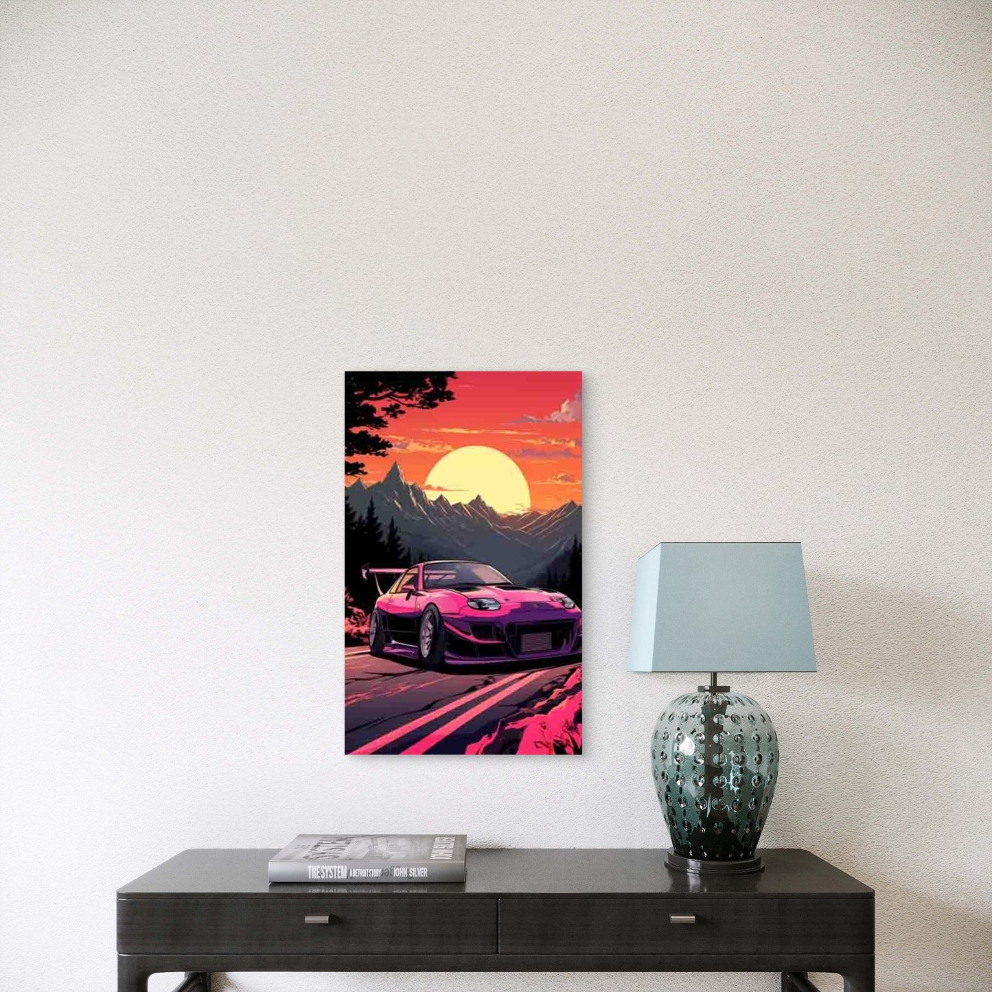 Sports Car Sunset Mountain Scenery 60x90cm Metal Print Ready to Hang