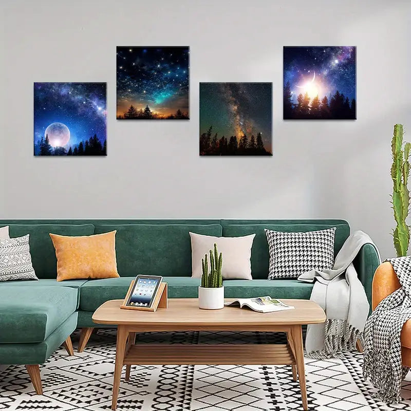 4pcs  Full Moon  Starlit Sky     Wall Art Canvas Framed