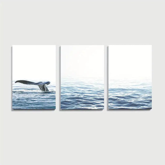 3pcs Whale Tail Ocean Coastal Blue Art Wall Art Set Canvas Framed 60x90cm - High Quality Print 100% Australian Made Wall Canvas Ready to Hang