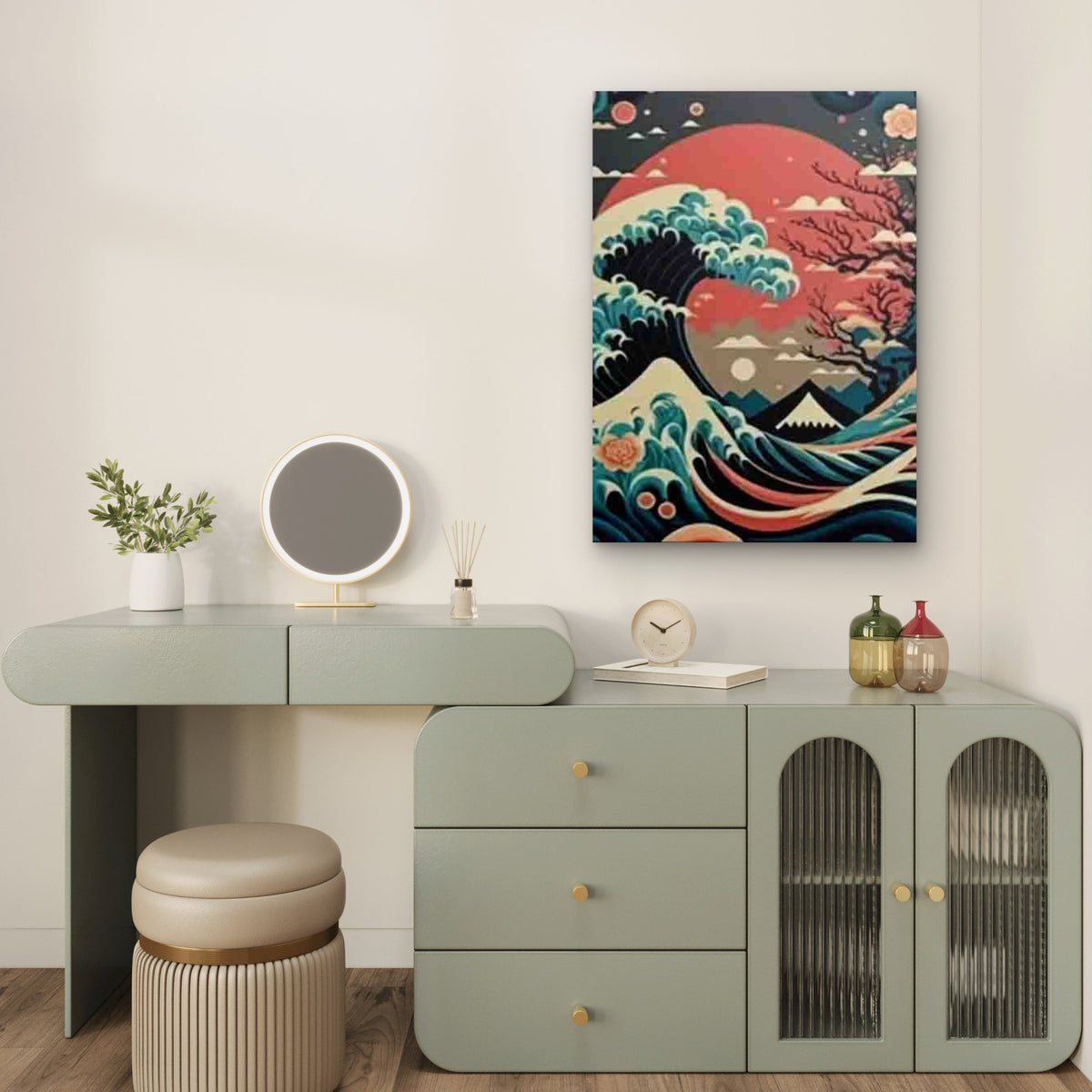 Great Wave & Cherry Blossoms 60x90cm Metal Print Ready to Hang