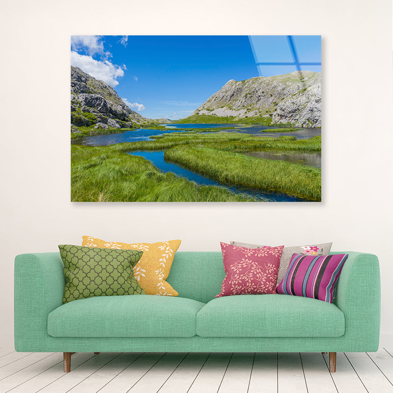 A River Flowing Through a Valley with Mountains Acrylic Glass Print Tempered Glass Wall Art 100% Made in Australia Ready to Hang