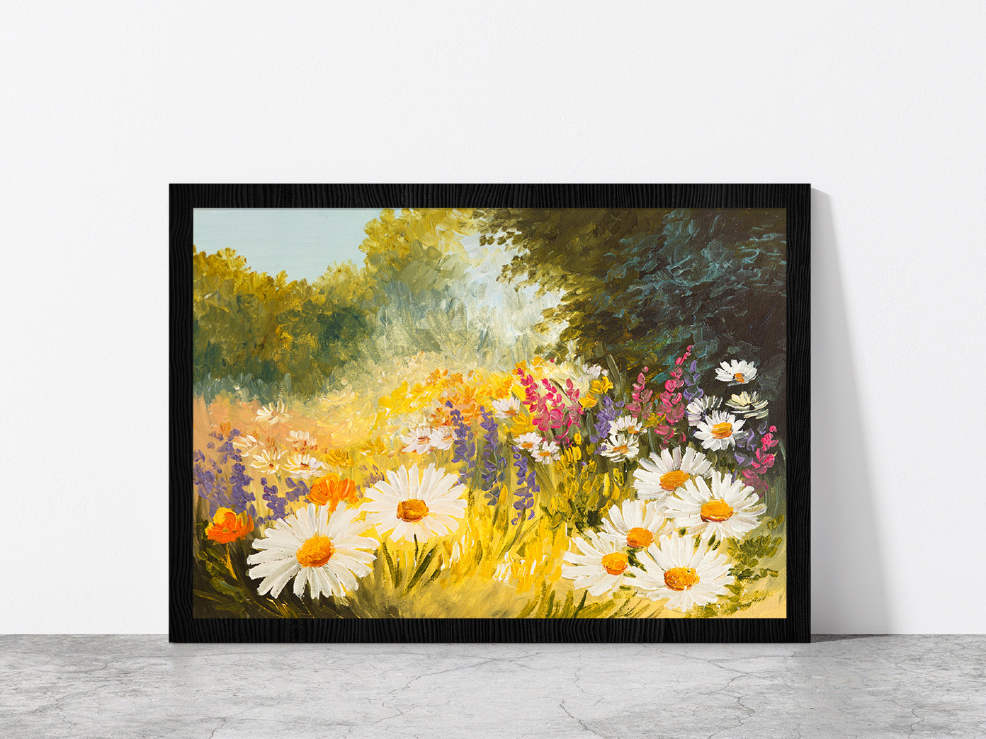 Field Of Daisies Green Forest Glass Framed Wall Art, Ready to Hang Quality Print Without White Border Black