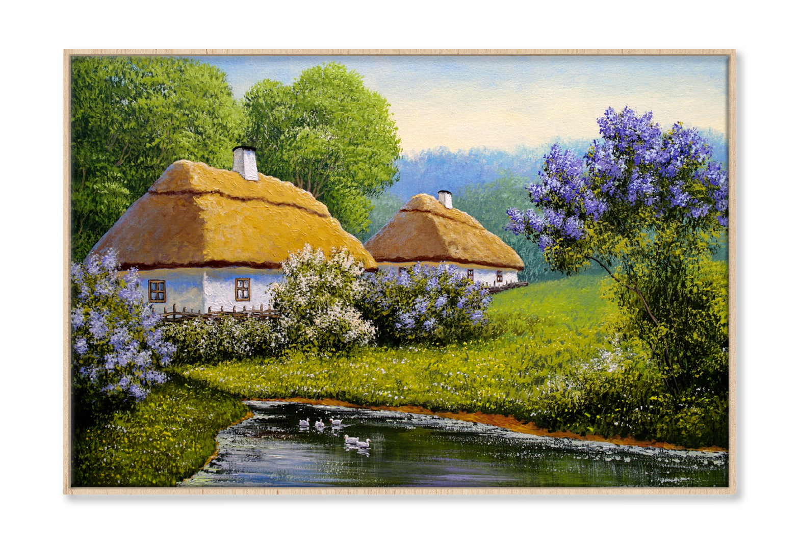 Old Village Houses & Trees near River Painting Wall Art Limited Edition High Quality Print Canvas Box Framed Natural