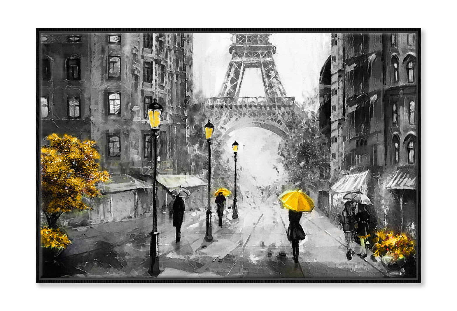 Eiffel Tower with People Under Yellow Umbrella & Tree Painting Wall Art Limited Edition High Quality Print Canvas Box Framed Black