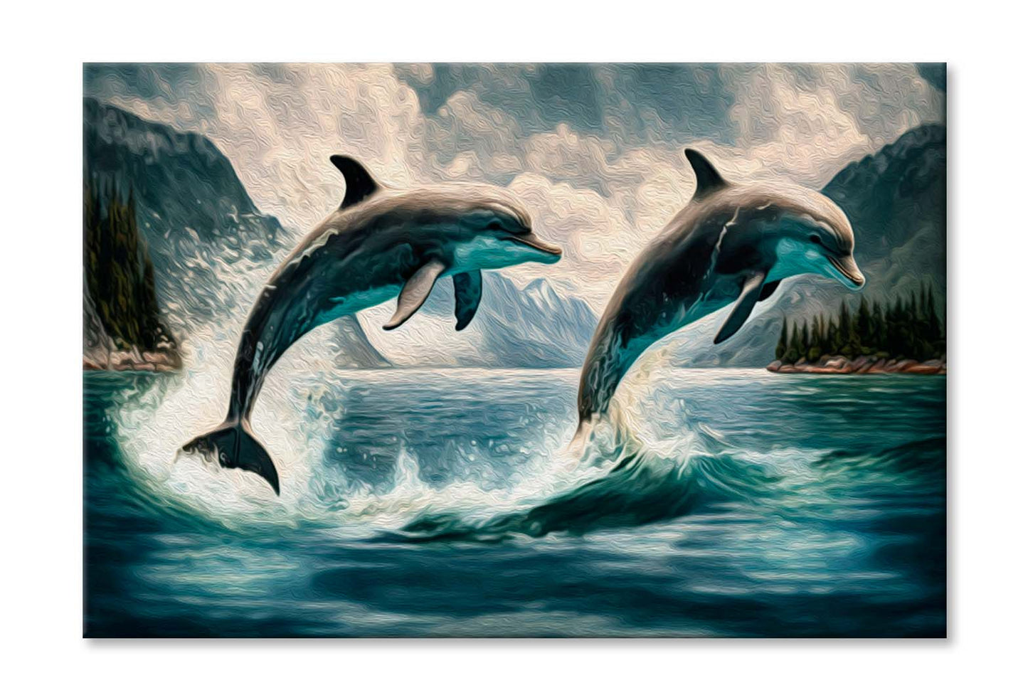 Couple Jumping Dolphins, Blue Sea and Sky Wall Art Limited Edition High Quality Print