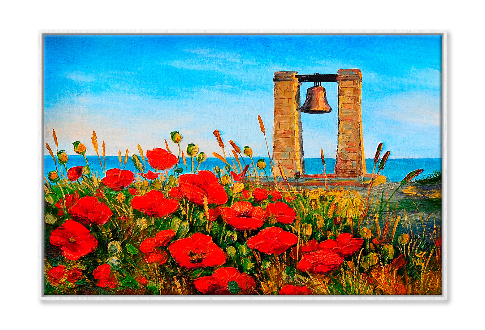 Poppies Near The Sea & Bell At Sunset Painting Wall Art Limited Edition High Quality Print Canvas Box Framed White