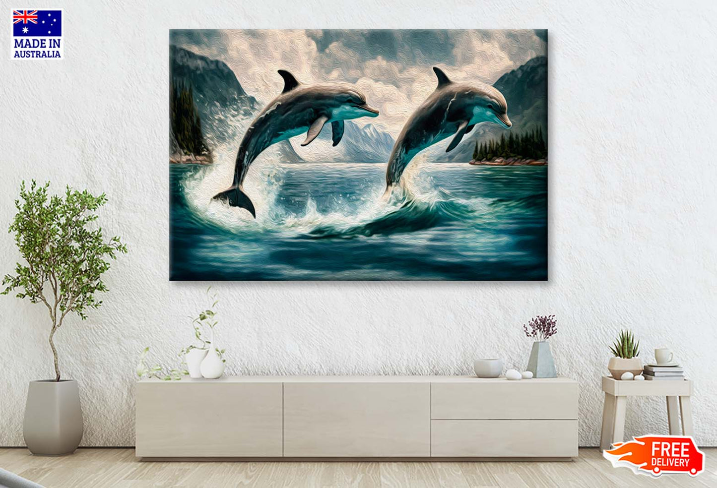 Couple Jumping Dolphins, Blue Sea and Sky Wall Art Limited Edition High Quality Print