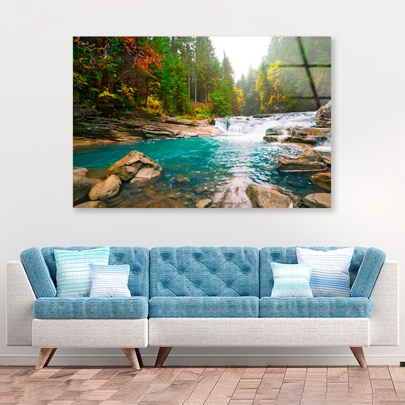 Waterfall On Mountain River in The Forest Acrylic Glass Print Tempered Glass Wall Art 100% Made in Australia Ready to Hang