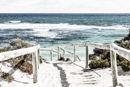 Fence Foot Path to Sea Faded Photograph Glass Framed Wall Art, Ready to Hang Quality Print