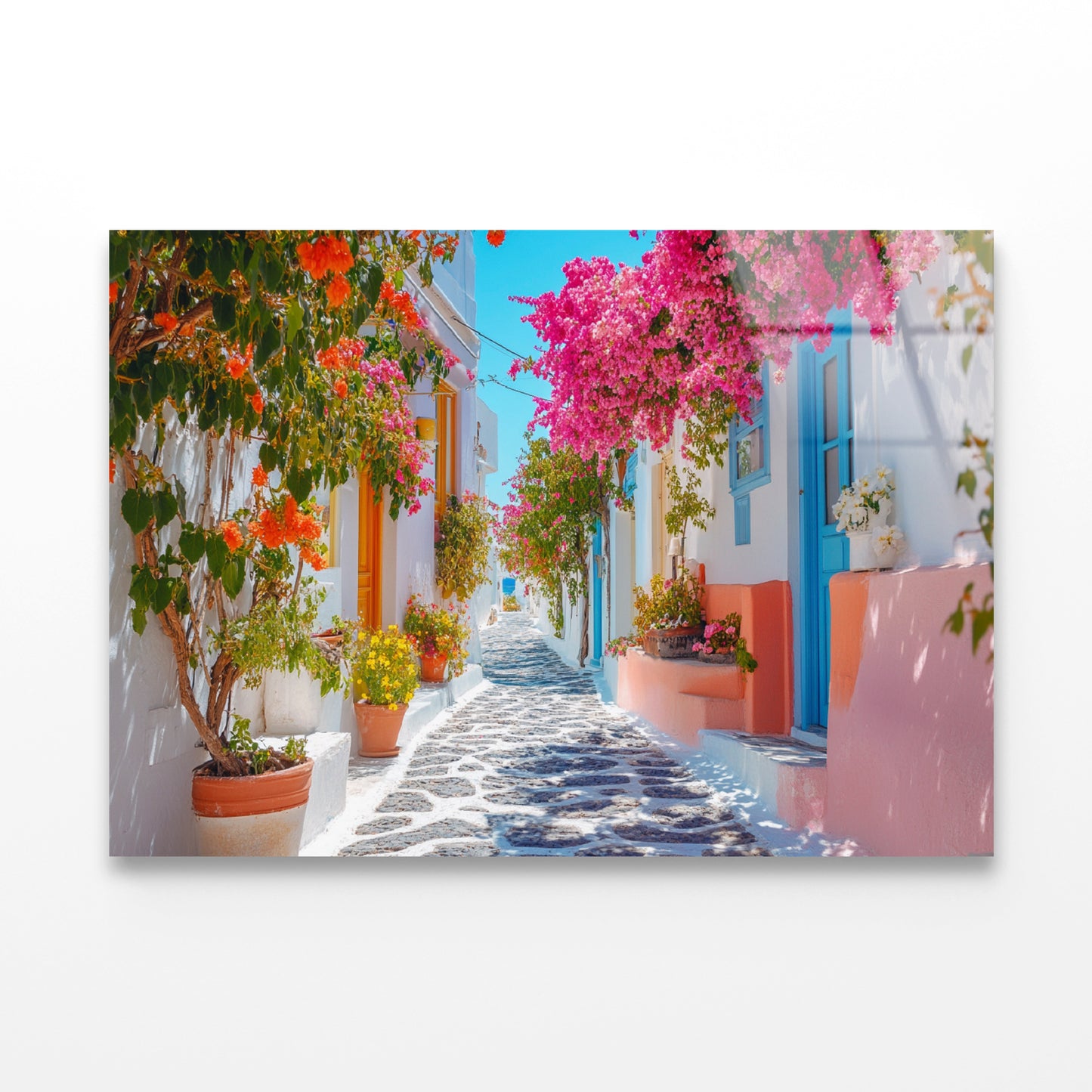 Beautiful Street with Flowers in Greece Acrylic Glass Print Tempered Glass Wall Art 100% Made in Australia Ready to Hang