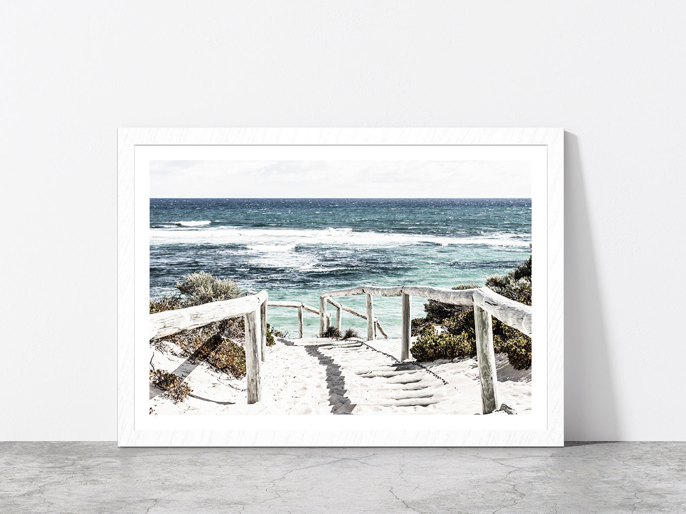 Fence Foot Path to Sea Faded Photograph Glass Framed Wall Art, Ready to Hang Quality Print With White Border White