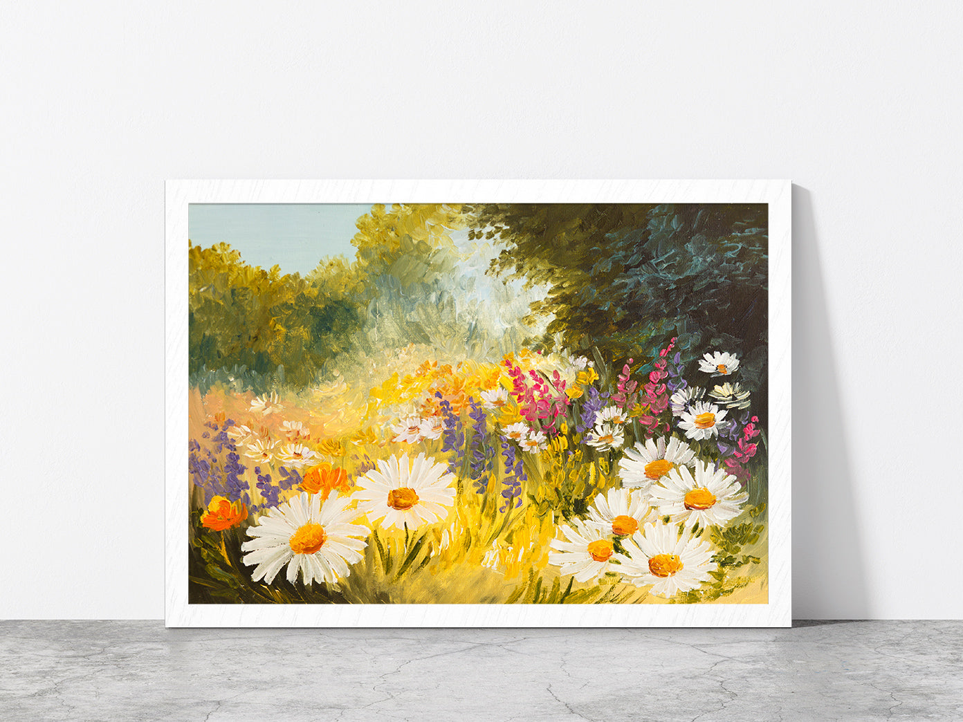 Field Of Daisies Green Forest Glass Framed Wall Art, Ready to Hang Quality Print Without White Border White