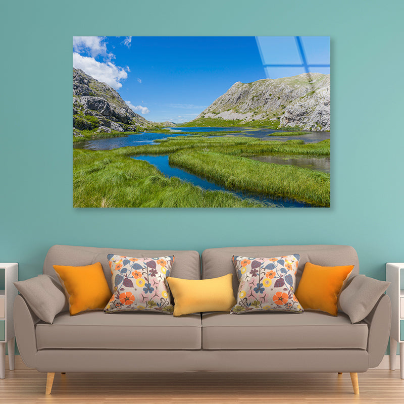 A River Flowing Through a Valley with Mountains Acrylic Glass Print Tempered Glass Wall Art 100% Made in Australia Ready to Hang