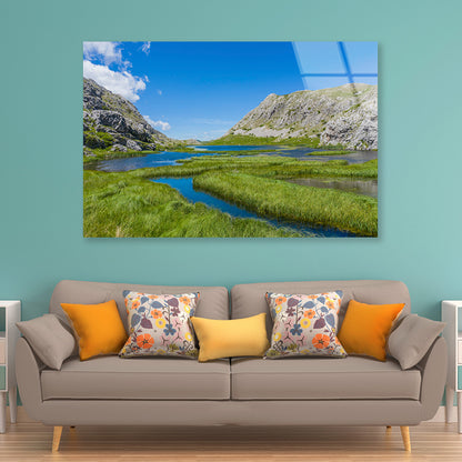 A River Flowing Through a Valley with Mountains Acrylic Glass Print Tempered Glass Wall Art 100% Made in Australia Ready to Hang