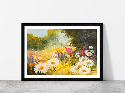 Field Of Daisies Green Forest Glass Framed Wall Art, Ready to Hang Quality Print With White Border Black