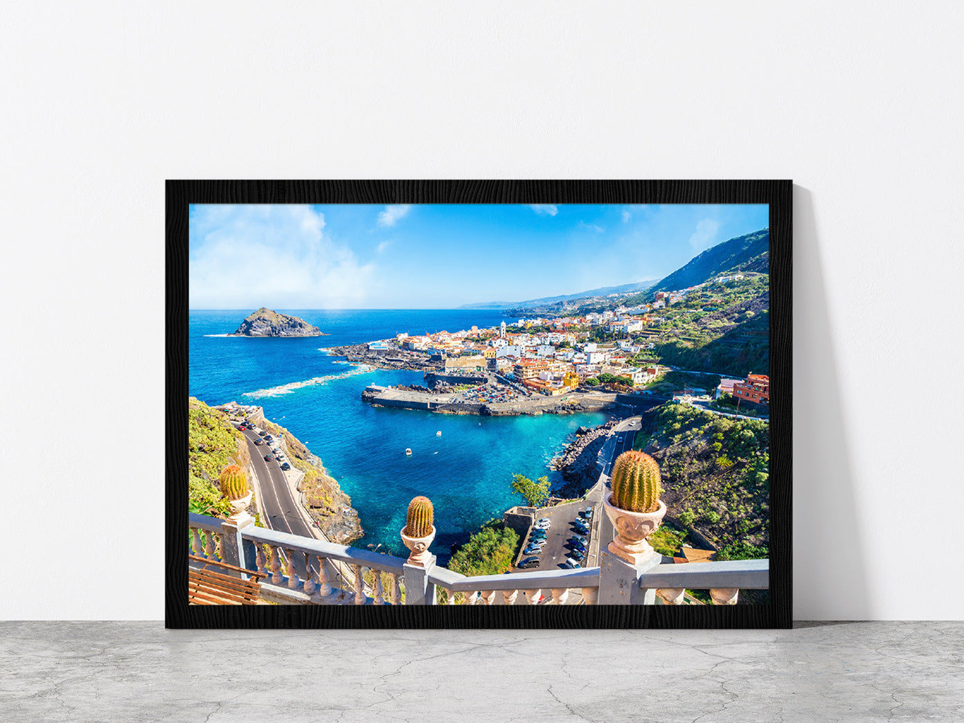 Garachico Town Of Tenerife Glass Framed Wall Art, Ready to Hang Quality Print Without White Border Black