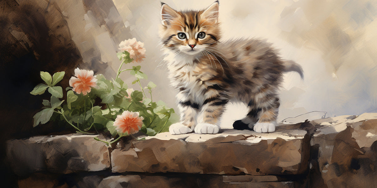 Fluffy Tabby Kitten Stone Wall Art Canvas Office Home Room Framed 120x60cm