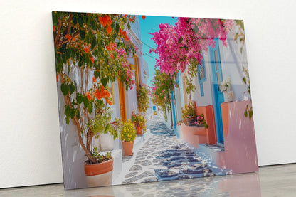 Beautiful Street with Flowers in Greece Acrylic Glass Print Tempered Glass Wall Art 100% Made in Australia Ready to Hang