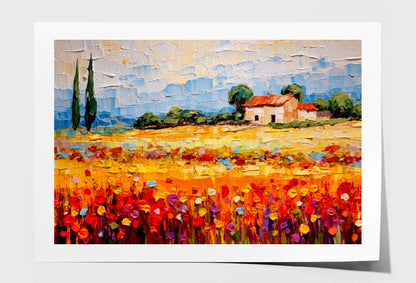 Colorful Flower Field near House & Cloudy Sky Painting Wall Art Limited Edition High Quality Print Unframed Roll Canvas None