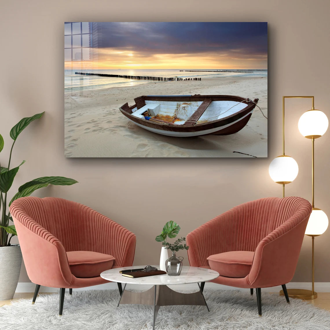 Boat near Sunset Beach UV Direct Aluminum Print Australian Made Quality