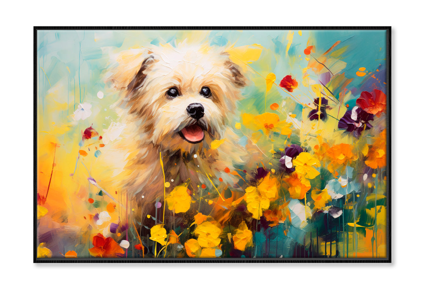 Dog In Flower Blossom Oil Painting Wall Art Limited Edition High Quality Print Canvas Box Framed Black