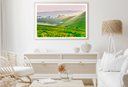 Two Horses Surrounded By Grasslands in Iceland Home Decor Premium Quality Poster Print Choose Your Sizes