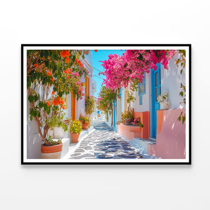 Beautiful Street with Flowers in Greece Home Decor Premium Quality Poster Print Choose Your Sizes