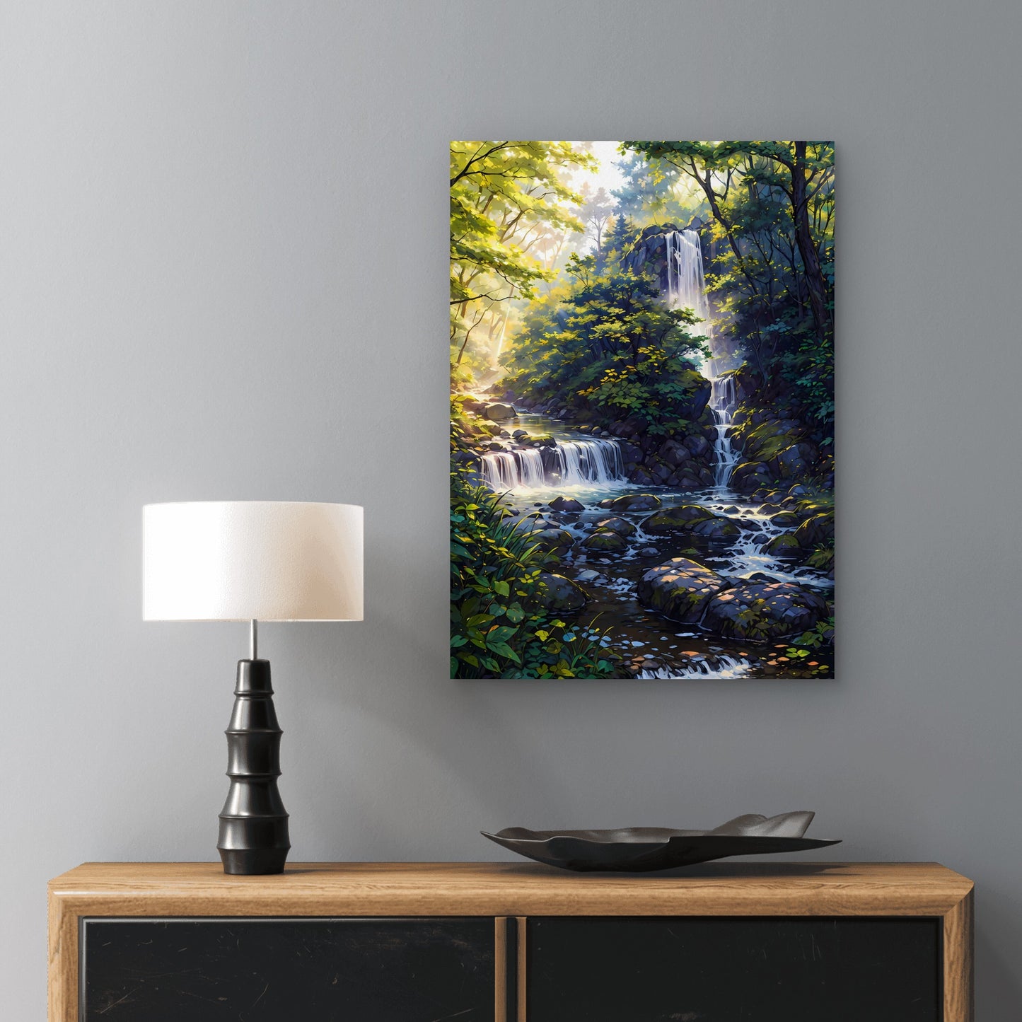 Tropical Forest Stream Waterfall 60x90cm Metal Print Ready to Hang