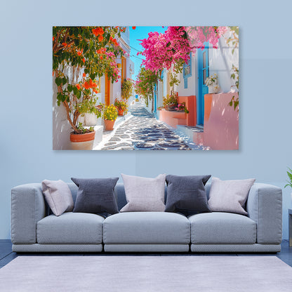 Beautiful Street with Flowers in Greece Acrylic Glass Print Tempered Glass Wall Art 100% Made in Australia Ready to Hang