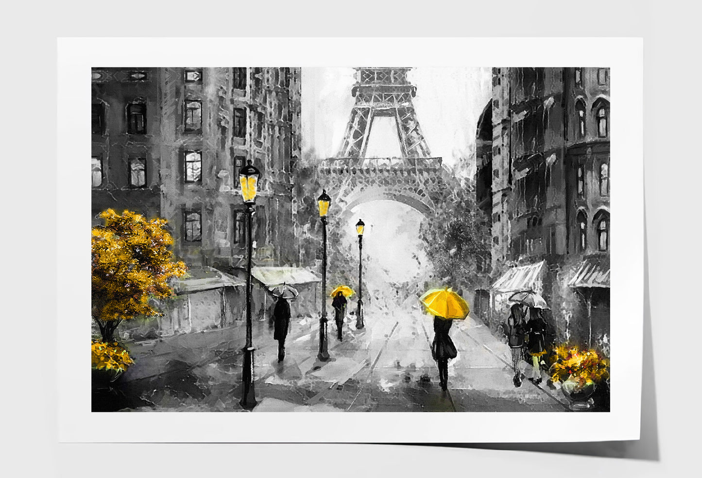 Eiffel Tower with People Under Yellow Umbrella & Tree Painting Wall Art Limited Edition High Quality Print Unframed Roll Canvas None