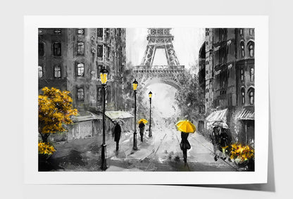 Eiffel Tower with People Under Yellow Umbrella & Tree Painting Wall Art Limited Edition High Quality Print Unframed Roll Canvas None