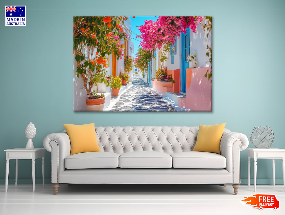 Beautiful Street with Flowers in Greece Print 100% Australian Made