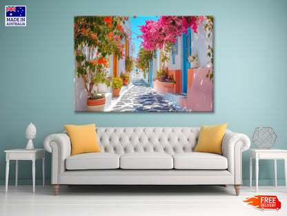 Beautiful Street with Flowers in Greece Print 100% Australian Made