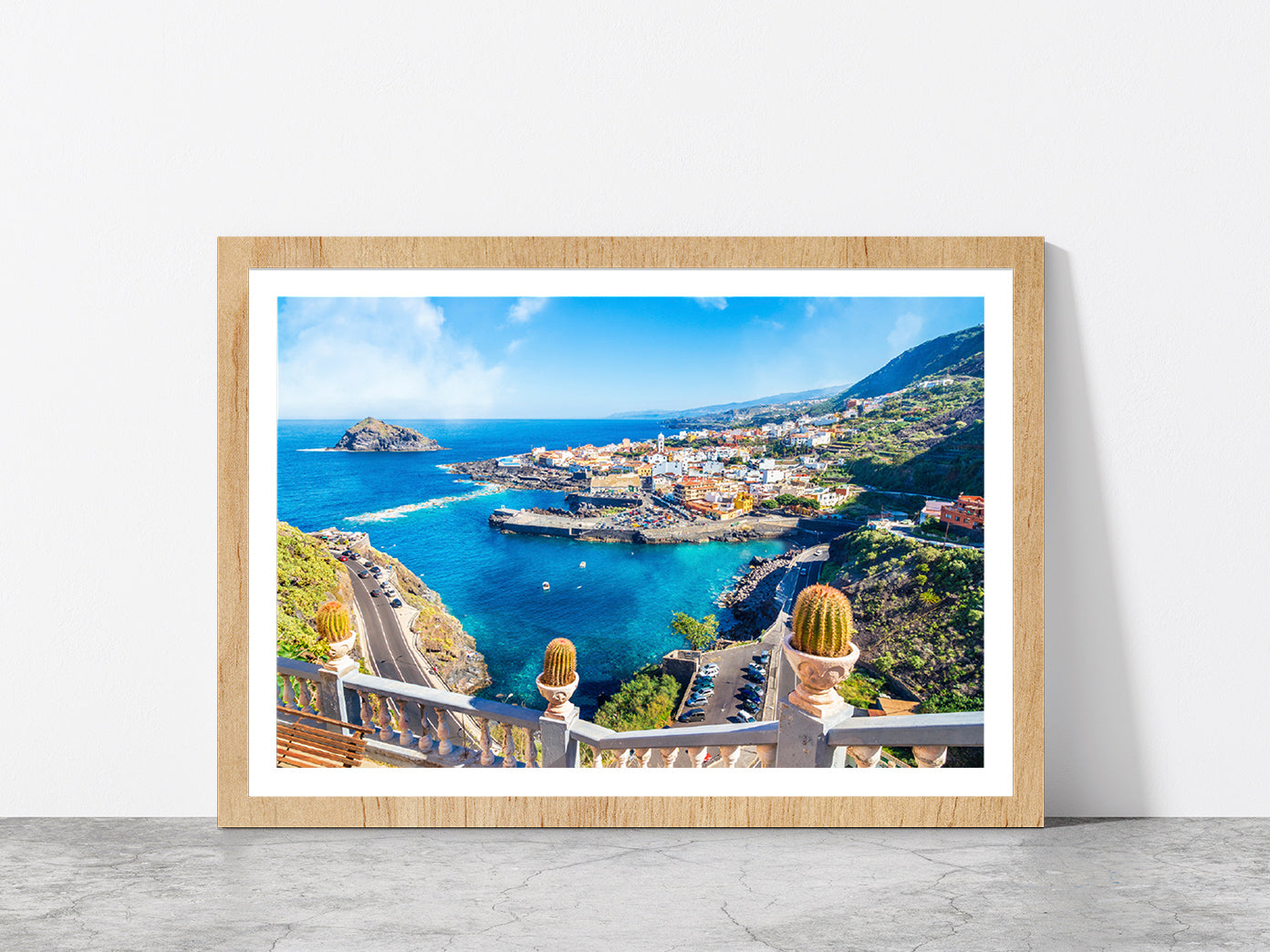 Garachico Town Of Tenerife Glass Framed Wall Art, Ready to Hang Quality Print With White Border Oak