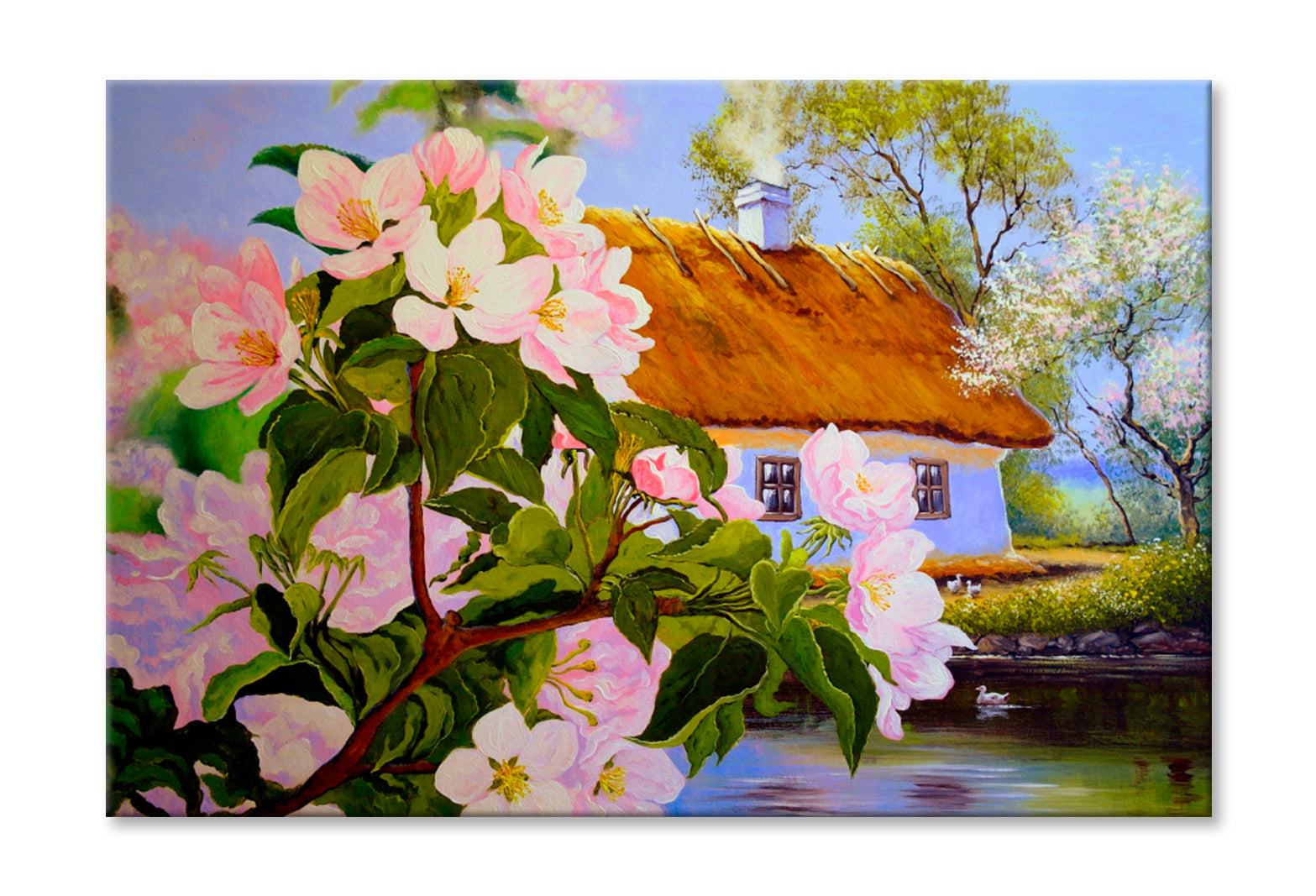 Spring Flowers With House Wall Art Limited Edition High Quality Print Stretched Canvas None