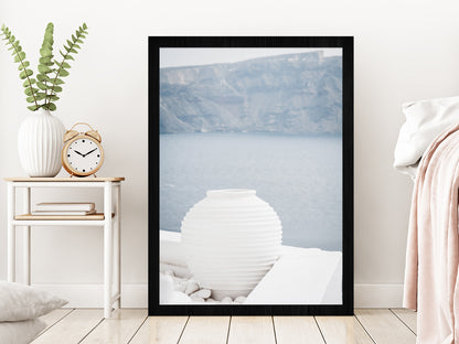 White Pot near Sea Photograph Glass Framed Wall Art, Ready to Hang Quality Print Without White Border Black