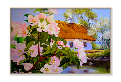 Spring Flowers With House Wall Art Limited Edition High Quality Print Canvas Box Framed Natural