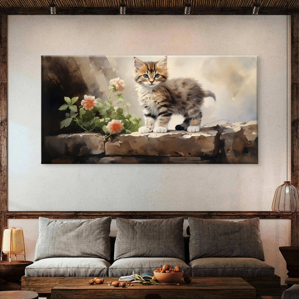 Fluffy Tabby Kitten Stone Wall Art Canvas Office Home Room Framed 120x60cm