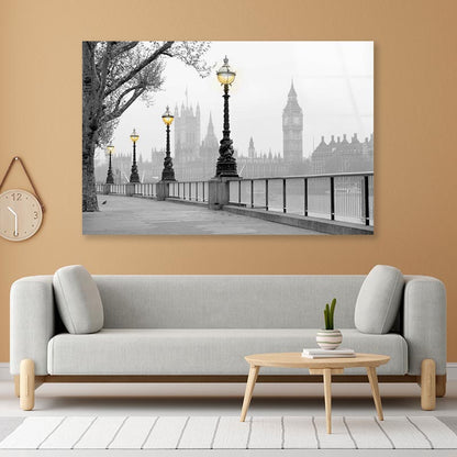 B&W Street Lights with City Acrylic Glass Print Tempered Glass Wall Art 100% Made in Australia Ready to Hang